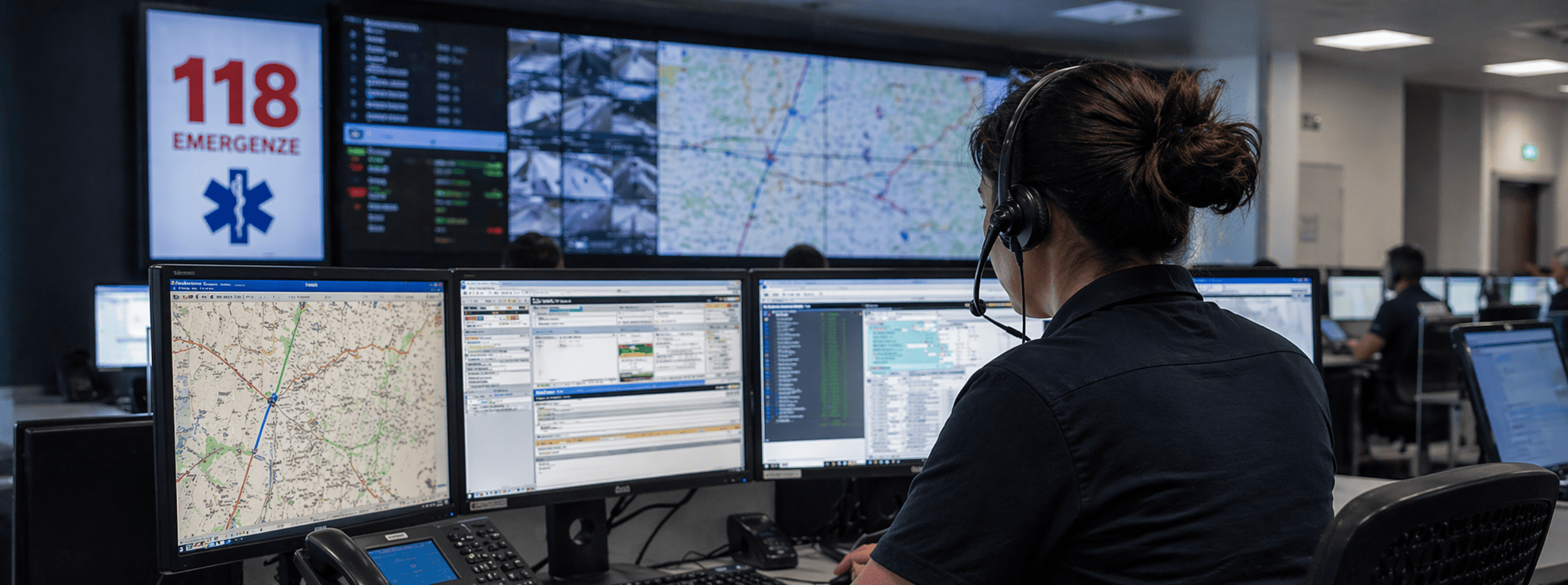 Sala operativa 118 con dashboard, mappe e postazioni di monitoraggio