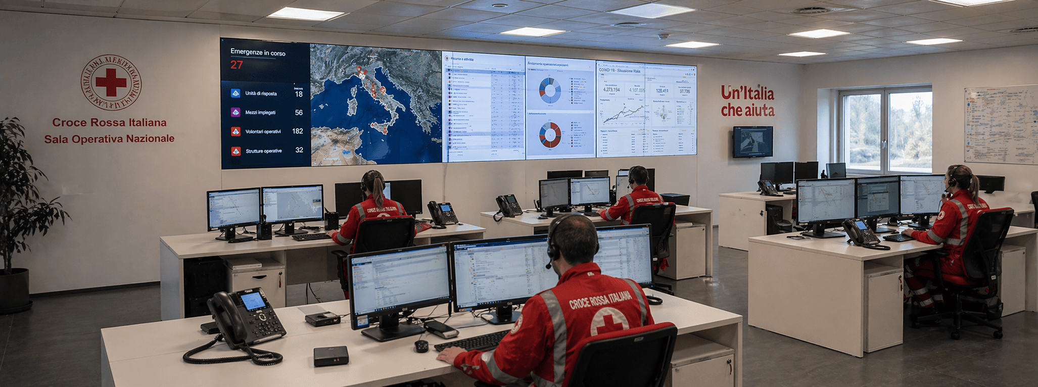 Sala Operativa Nazionale della Croce Rossa Italiana con dashboard e postazioni di monitoraggio
