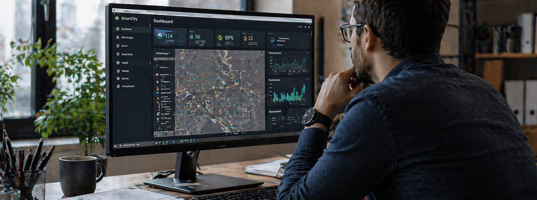 Dashboard Smart City con mappa GIS, analytics e monitoraggio territoriale